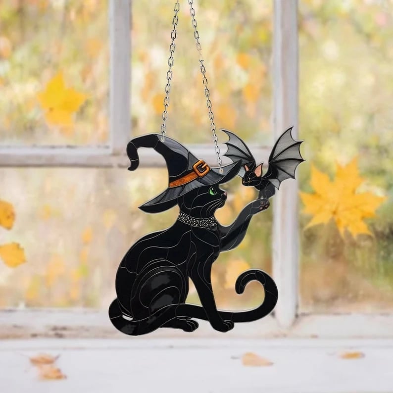 Fall Black Cat Touching Bat Window Hanging-HandPrint