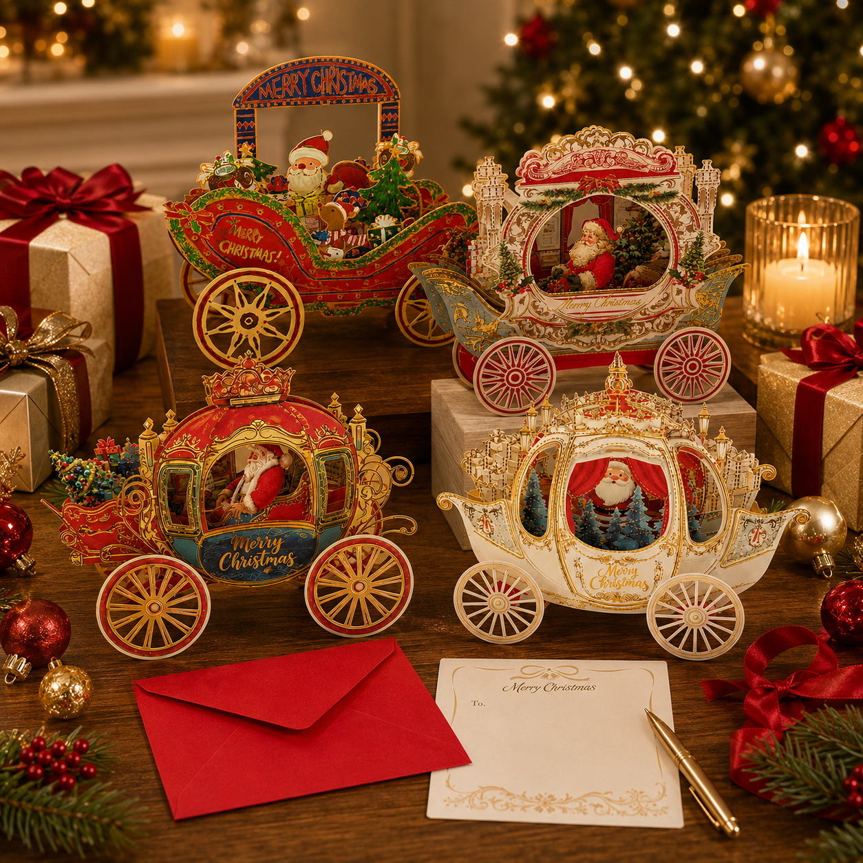 🔥 70% OFF — 3D Christmas Carriage Pop-Up Greeting Card Set 🎅🎄-HandPrint