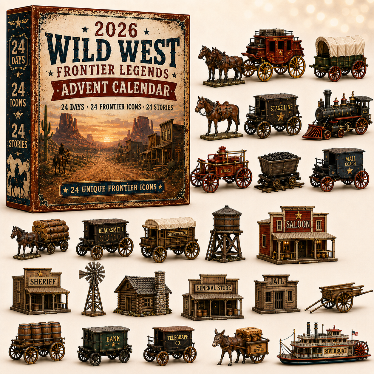 2026 Wild West Frontier Legends Advent Calendar – 24 Days of Old West Miniature Collectibles, Western Christmas Countdown Gift for History & Cowboy Fans-HandPrint