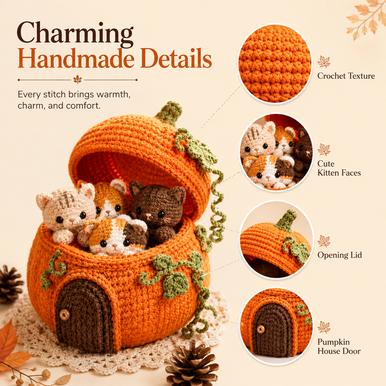 Crochet Pumpkin Cat House with 4 Kittens – Cute Fall & Halloween Home Decor, Cozy Cat Lover Gift 🐱🍂-HandPrint