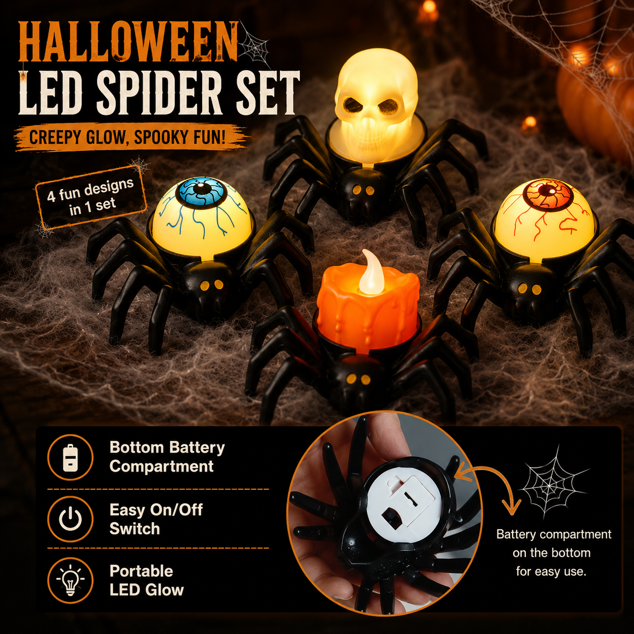 4-Pack Light-Up Spider Halloween Bracelets & Table Decor Set-HandPrint