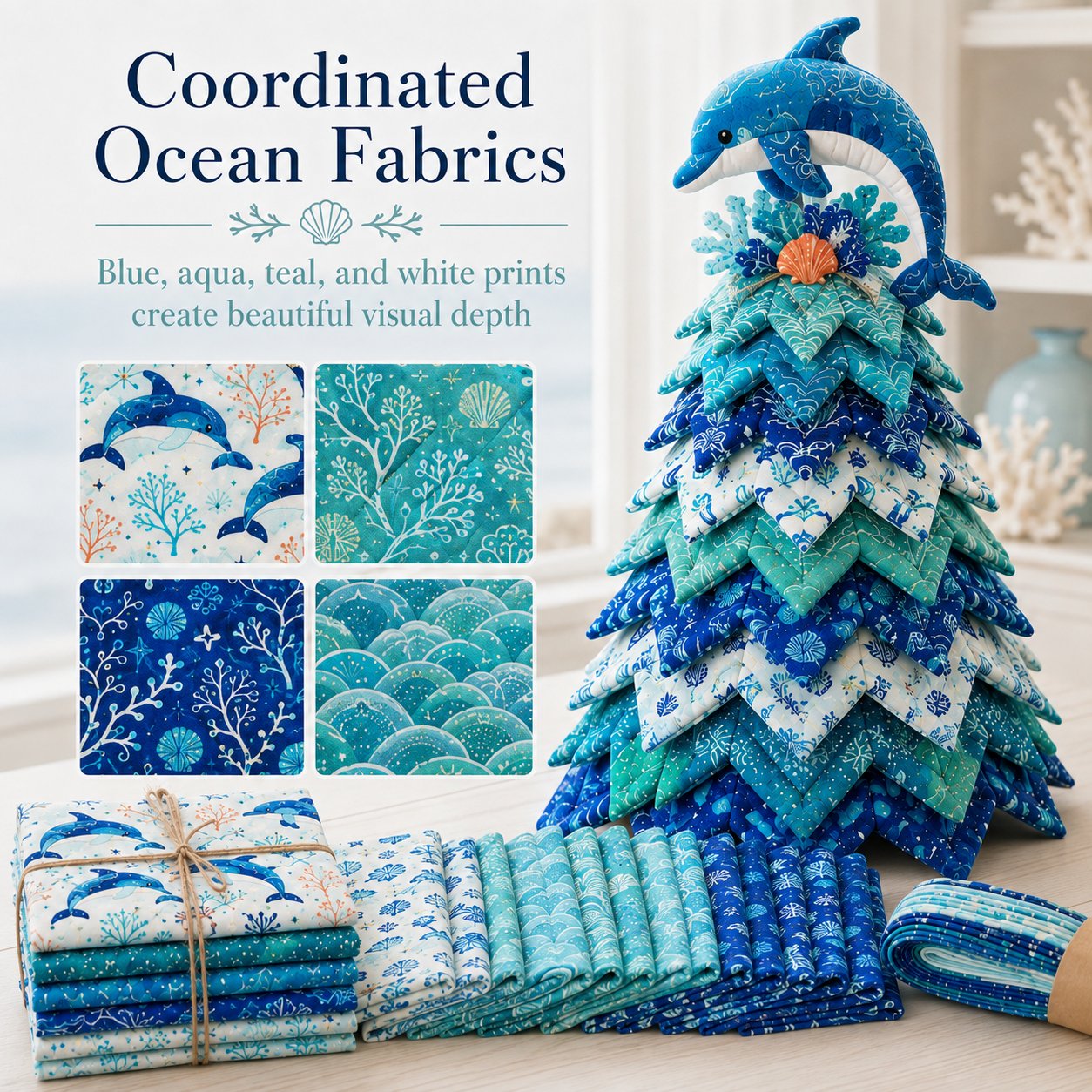 🌊 Ocean Dreams Layered Fabric Tree Craft Kit | Create a Freestanding Coastal Centerpiece with Coordinated Fabrics & Marine Topper 🐚✨-HandPrint