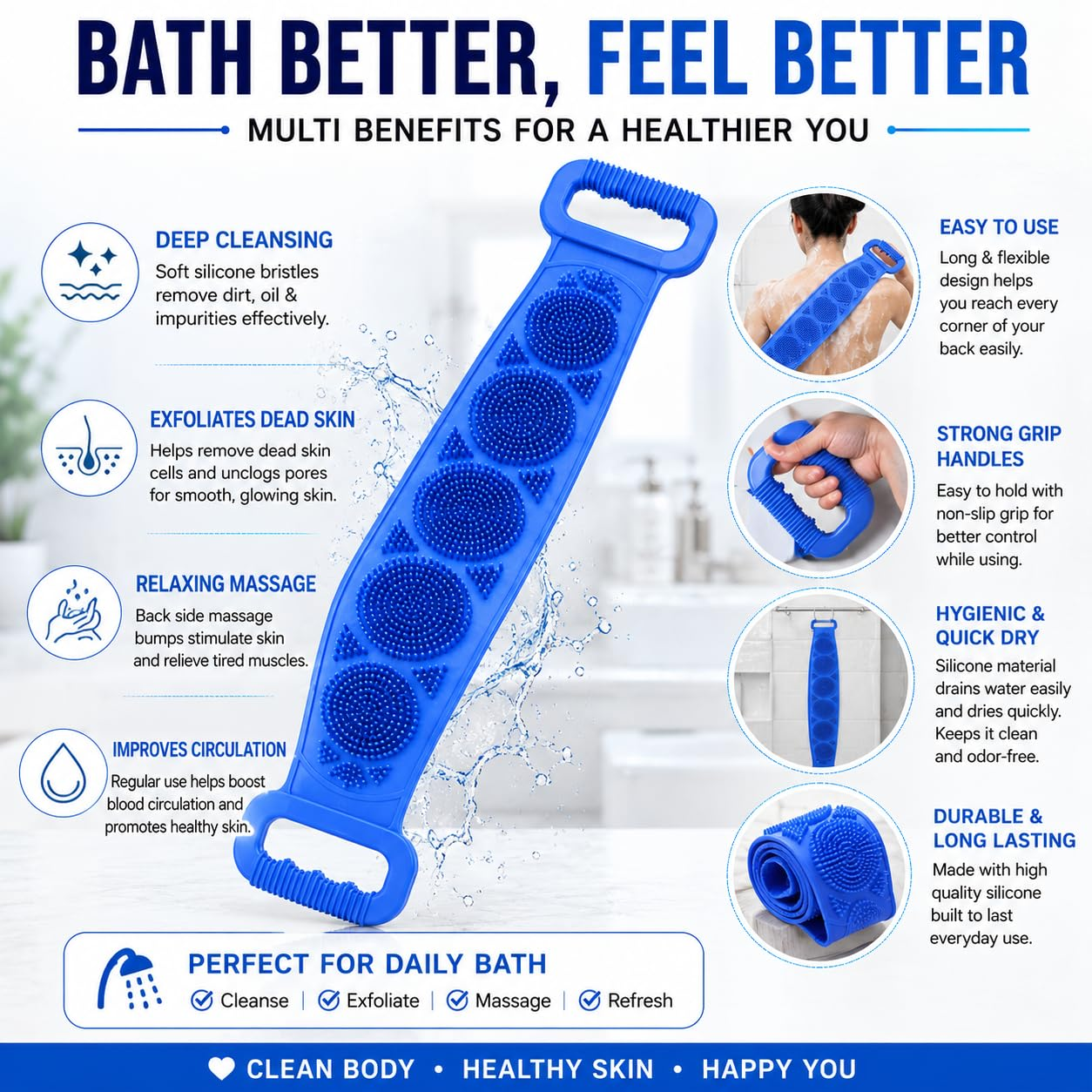 🧼Silicone Back Scrubber for Bath, Double-Sided Body Exfoliating Bath Brush with Soft Silicone Bristles-HandPrint