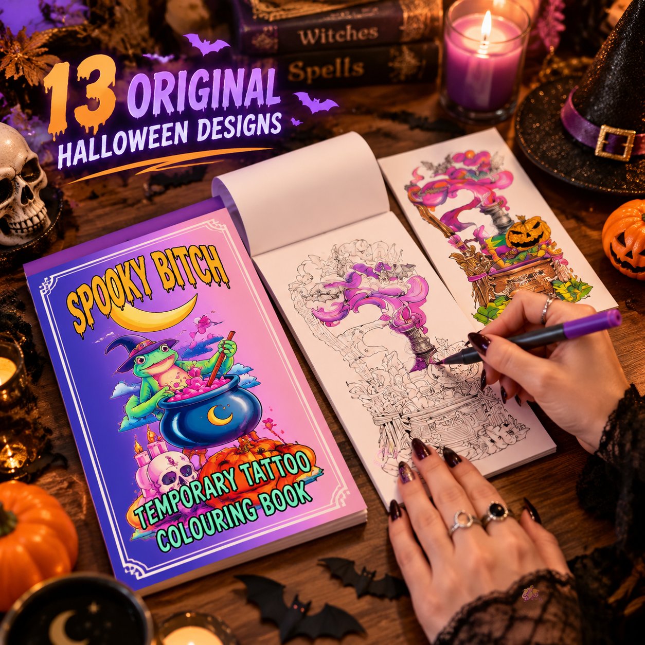 🎃 Spooky Bitch Temporary Tattoo Colouring Book | 13 Witchy Halloween Designs with Colour-Your-Own Pages & Ready-to-Wear Temporary Tattoos 🐸✨-HandPrint