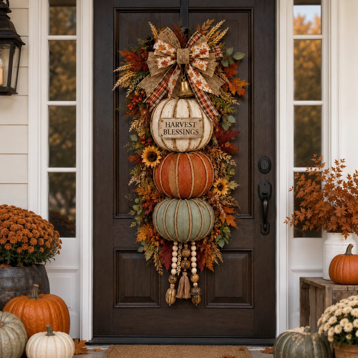 🏡🎃Lighted Stacked Pumpkin Fall Door Decor with 3 Seasonal Plaques-HandPrint