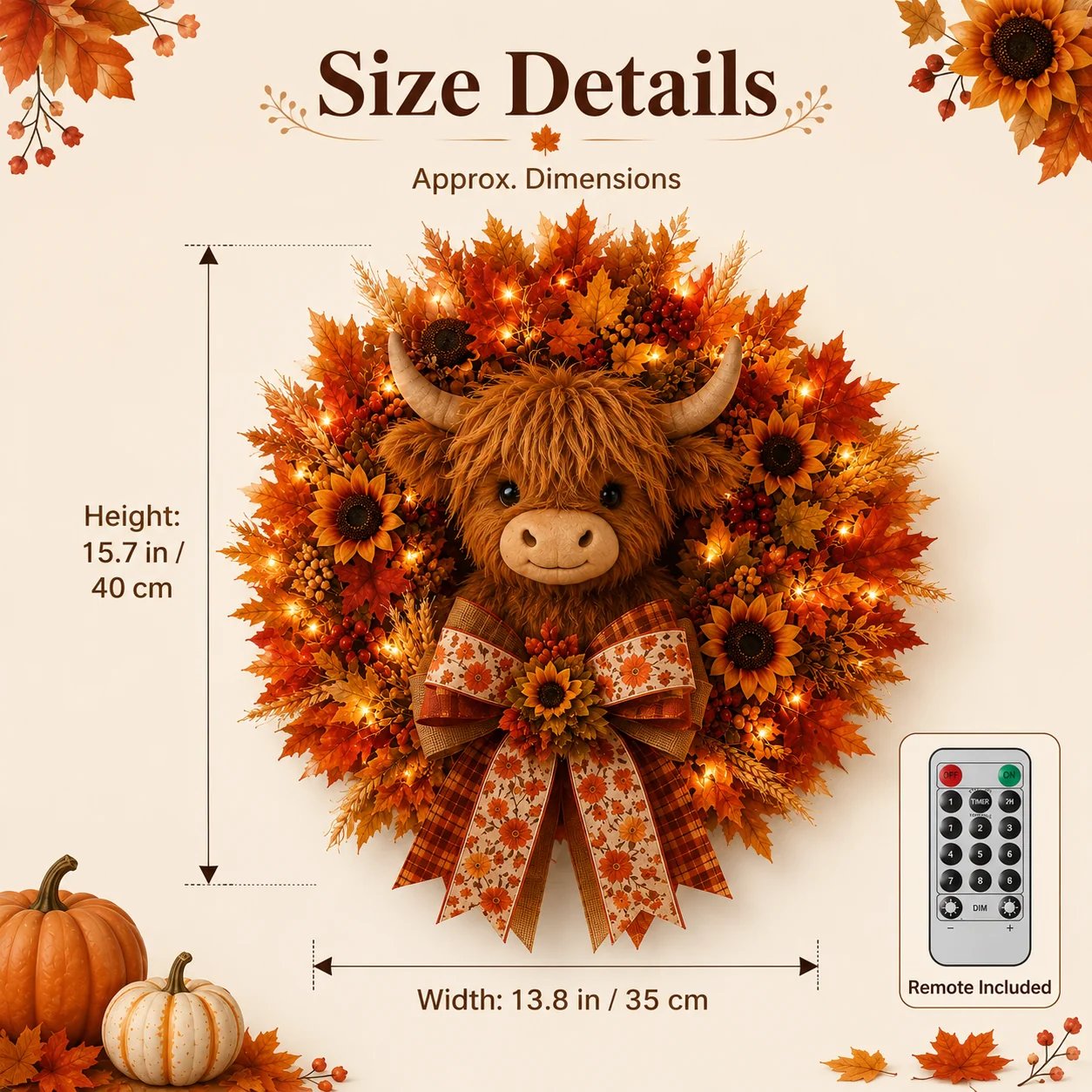 🍂🐮Autumn Highland cow wreath decoration with lights-HandPrint