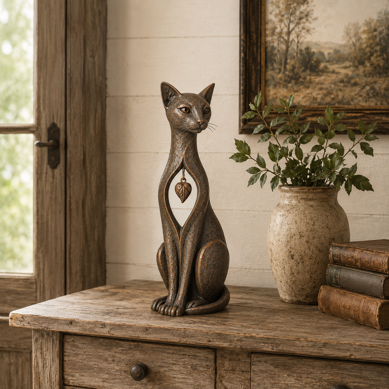 Vintage Bronze Cat Sculpture with Hanging Leaf Charm-HandPrint