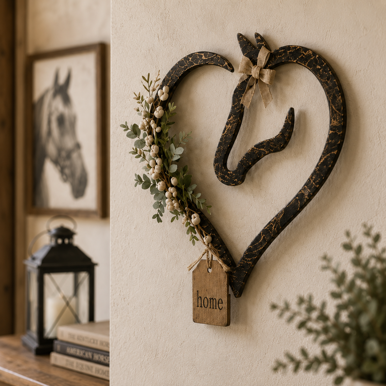 Rustic Horse Heart Wall Decor with Greenery – Farmhouse Equestrian Home Accent-HandPrint