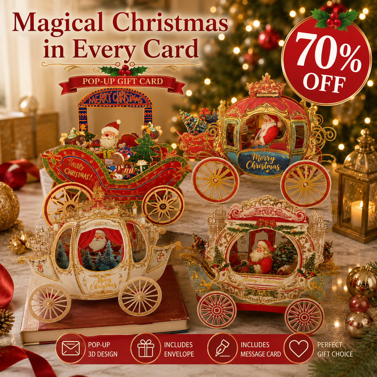 🔥 70% OFF — 3D Christmas Carriage Pop-Up Greeting Card Set 🎅🎄-HandPrint