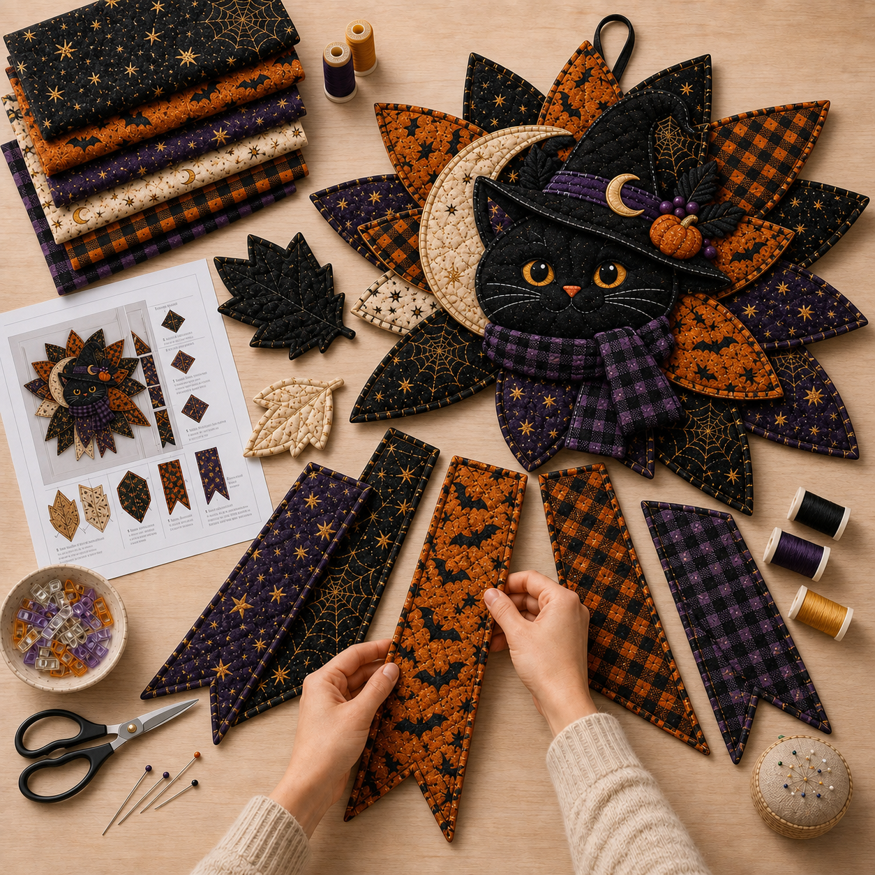 ⏳ Last Day 49% OFF – 🎃 Halloween Quilted Door Wreath | Pumpkin, Ghost, Black Cat, Bat & Witch Gnome Hanging Decoration for Front Door & Fall Home Décor 👻-HandPrint