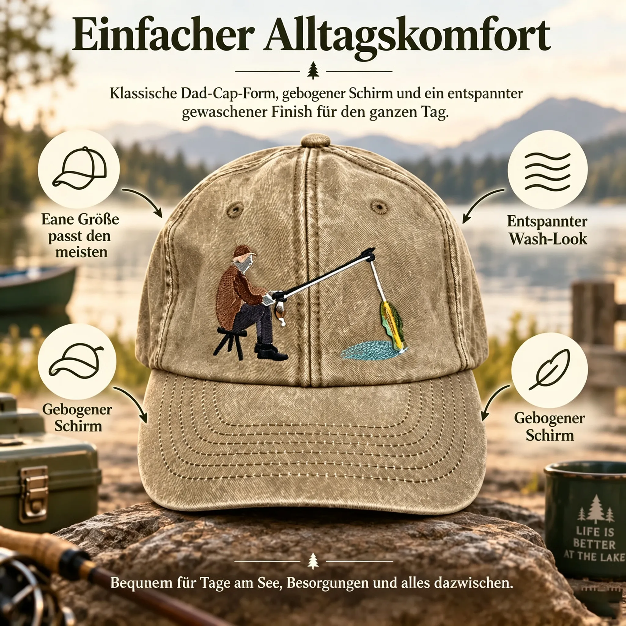 🎣 Interaktive „Fang des Tages“-Angelkappe – Hut mit beweglichem Fisch im Vintage-Waschung-Look-HandPrint