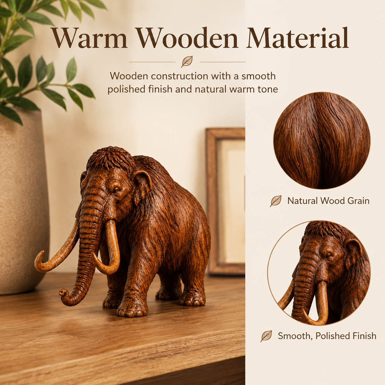 Wooden Woolly Mammoth Figurine – Rustic Carved Animal Decor-HandPrint