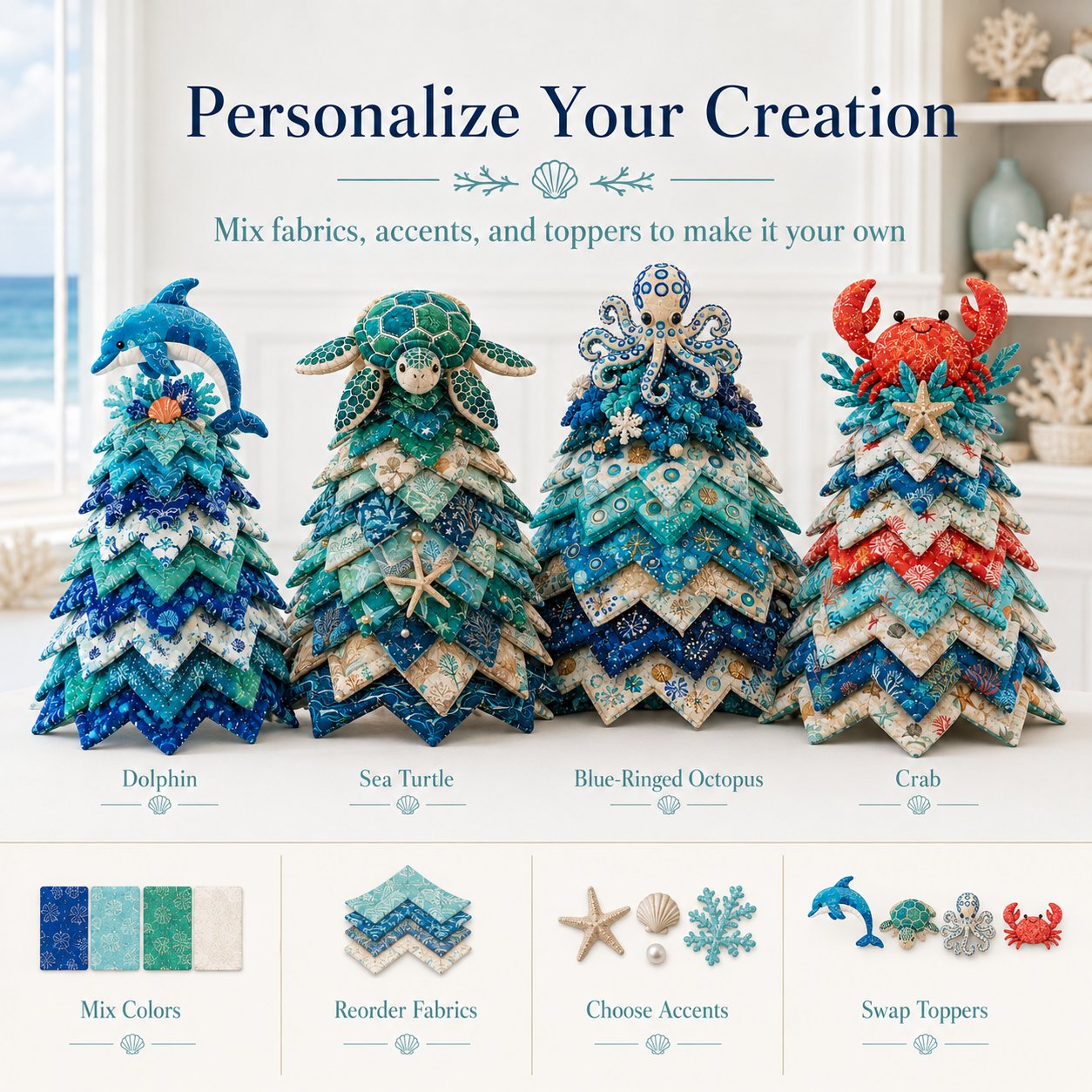 🌊 Ocean Dreams Layered Fabric Tree Craft Kit | Create a Freestanding Coastal Centerpiece with Coordinated Fabrics & Marine Topper 🐚✨-HandPrint