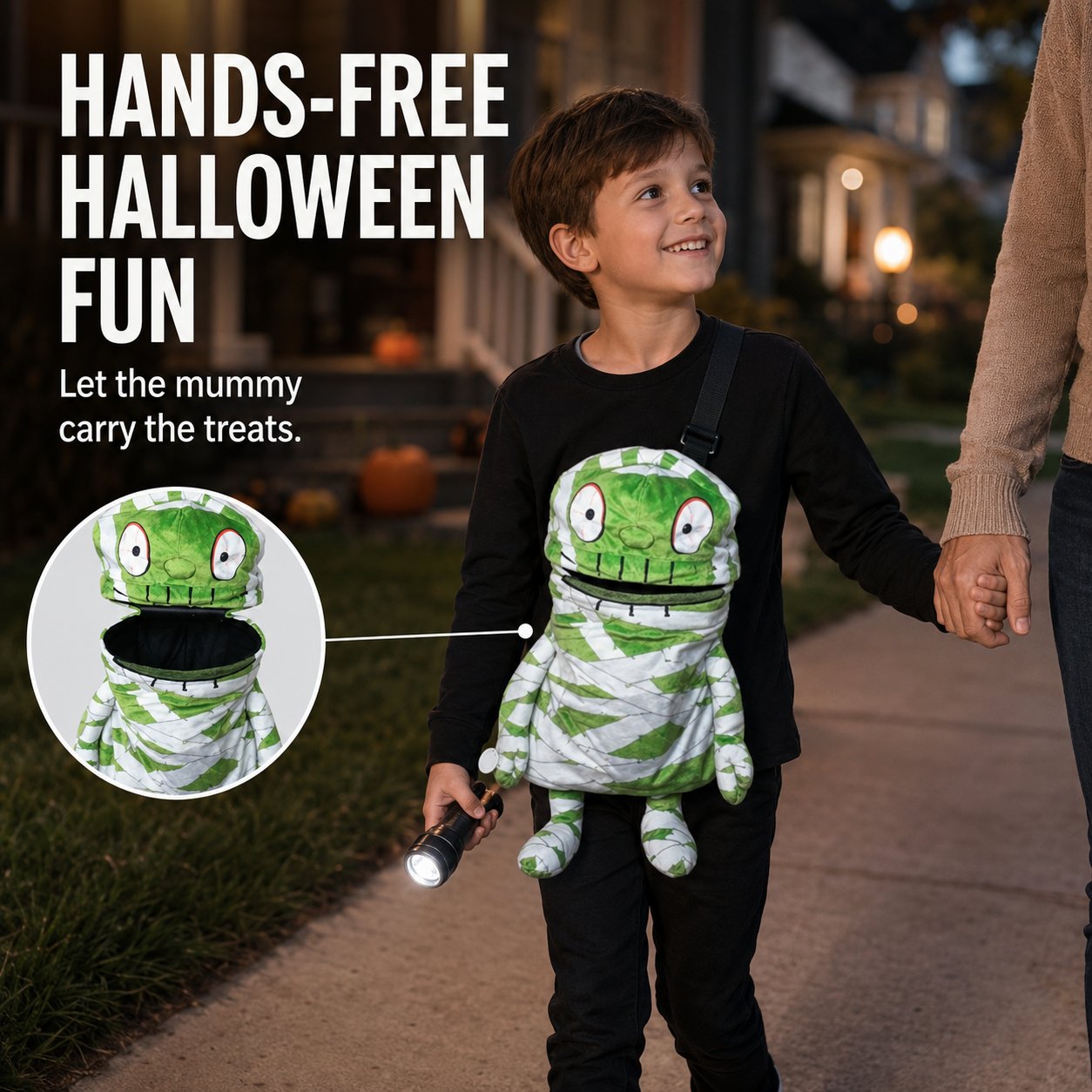 🧟🍬Hands-Free Musical Animated Mummy Children's Halloween Trick orTreat Bag with Wide-Open Mouth-HandPrint