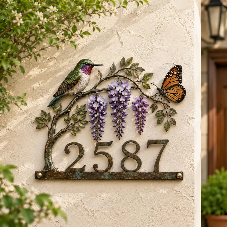 Personalized Hummingbird House Number Sign-HandPrint