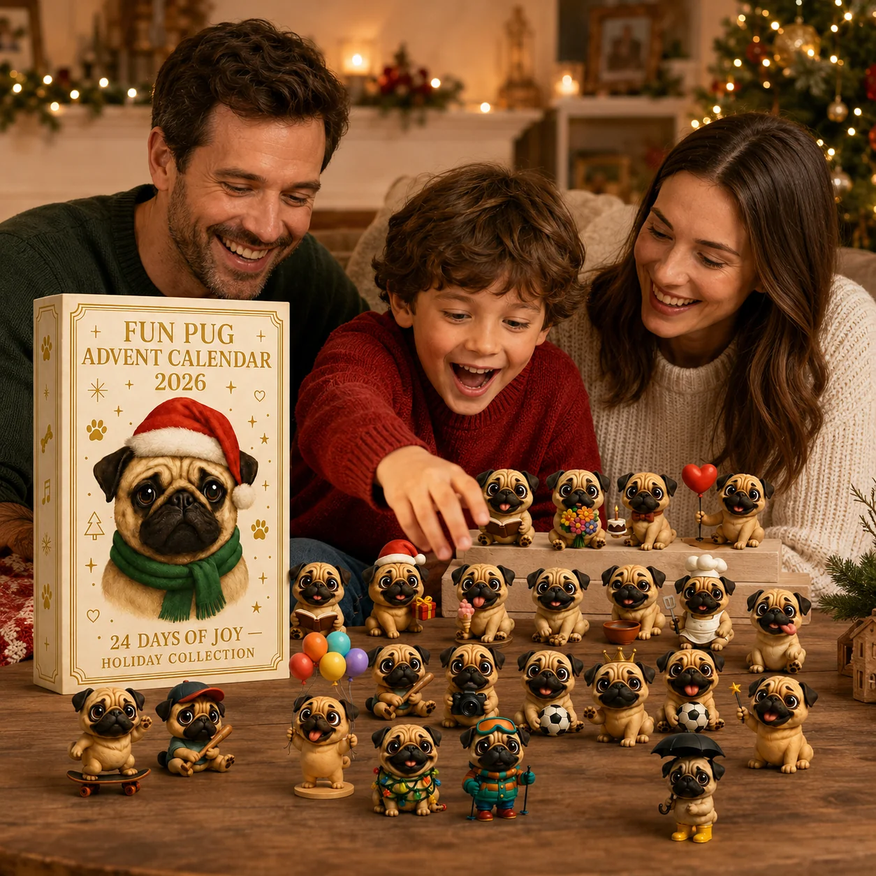 🐶24-Day Pug Advent Calendar 2026 – 24 Cute Pug Figurines Christmas Countdown-HandPrint