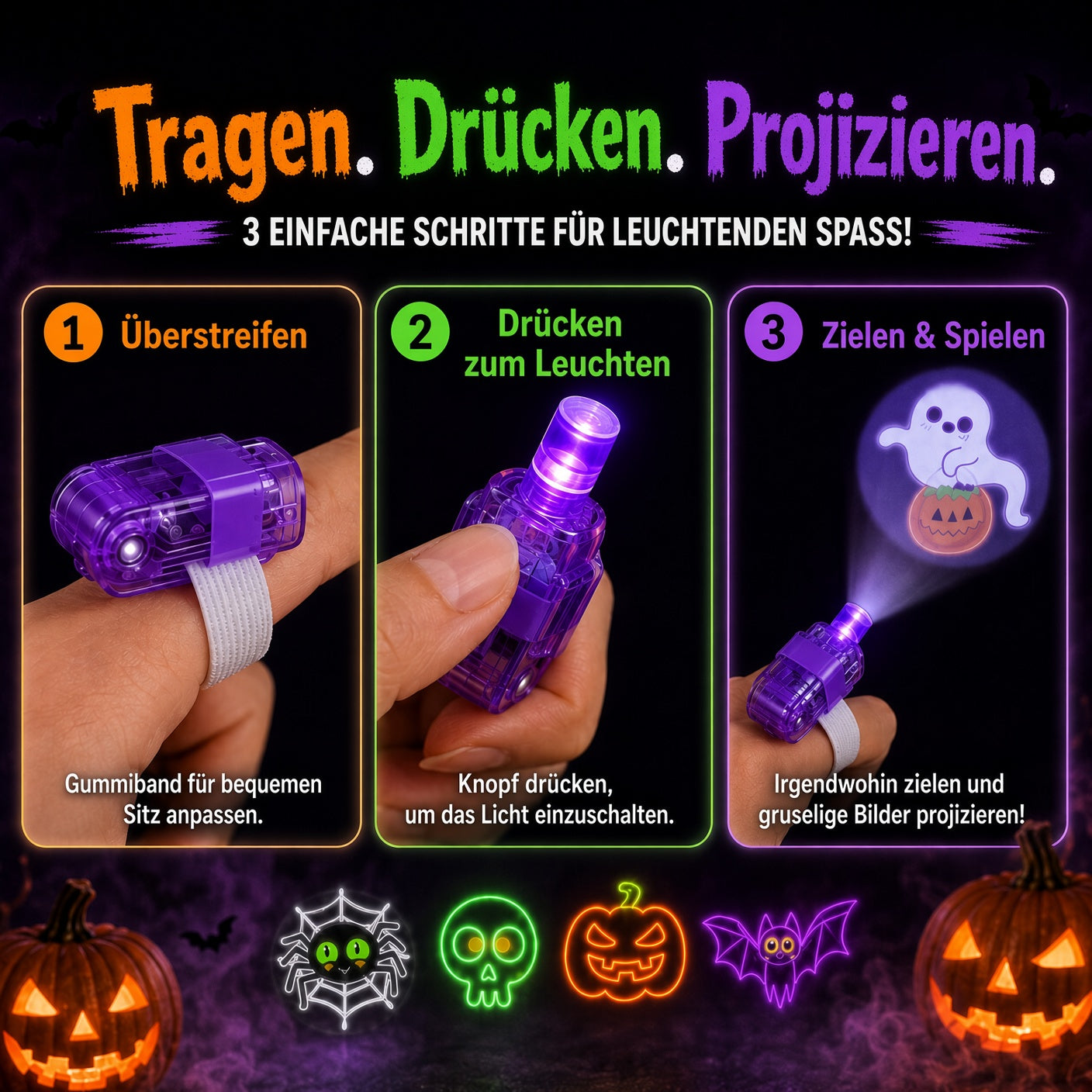 👻🎃 Halloween-Fingerprojektorringe – LED-Partymitgebsel für Kinder-HandPrint