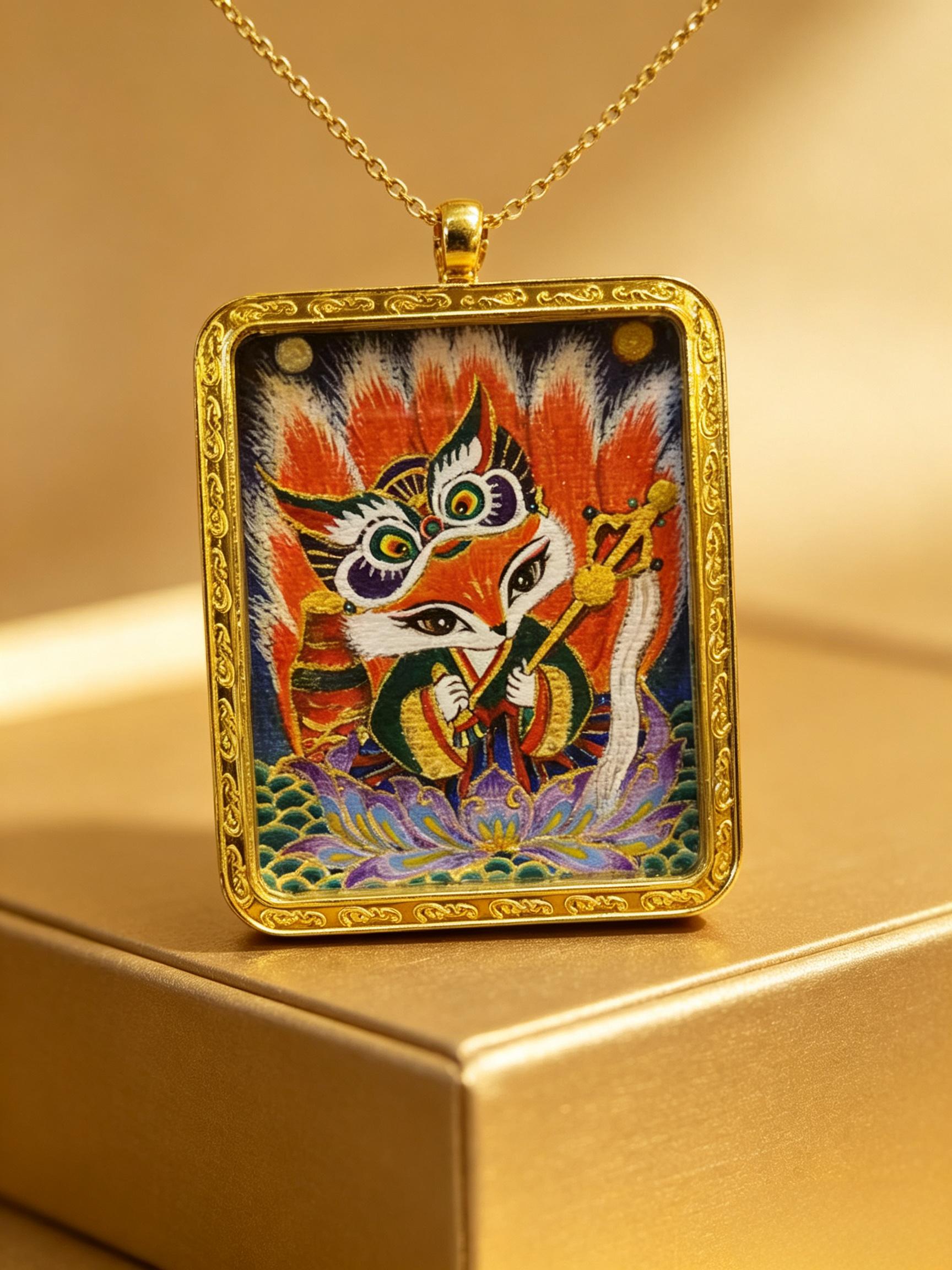 Hand-painted 9-tailed Fox Fairy Thangka Gau Box Pendant, Tibetan Portable Mini Amulet Necklace for Fashion Costume Jewelry