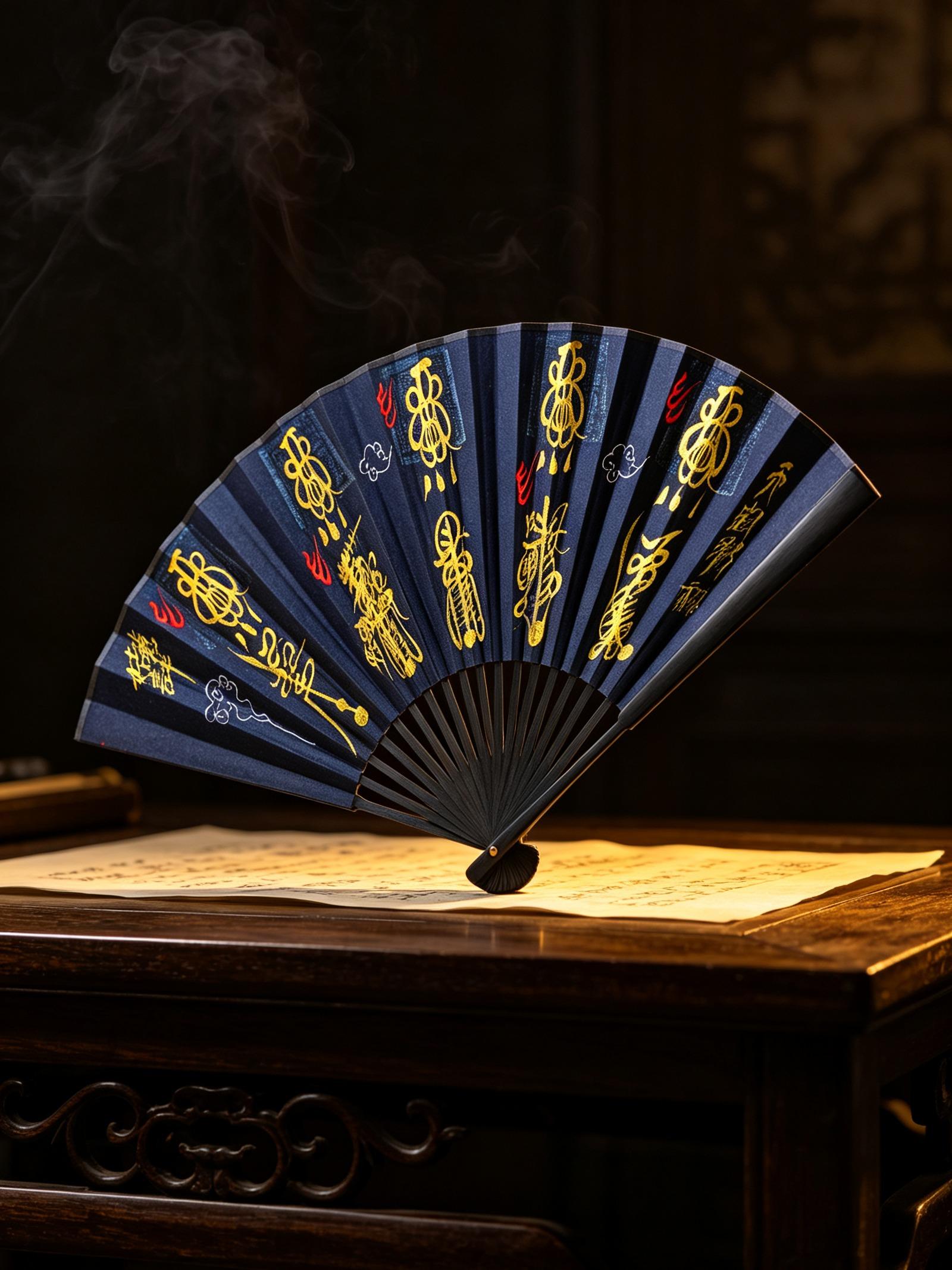 Hand-Painted Five Wealth Gods Ritual Fan with Brocade Box