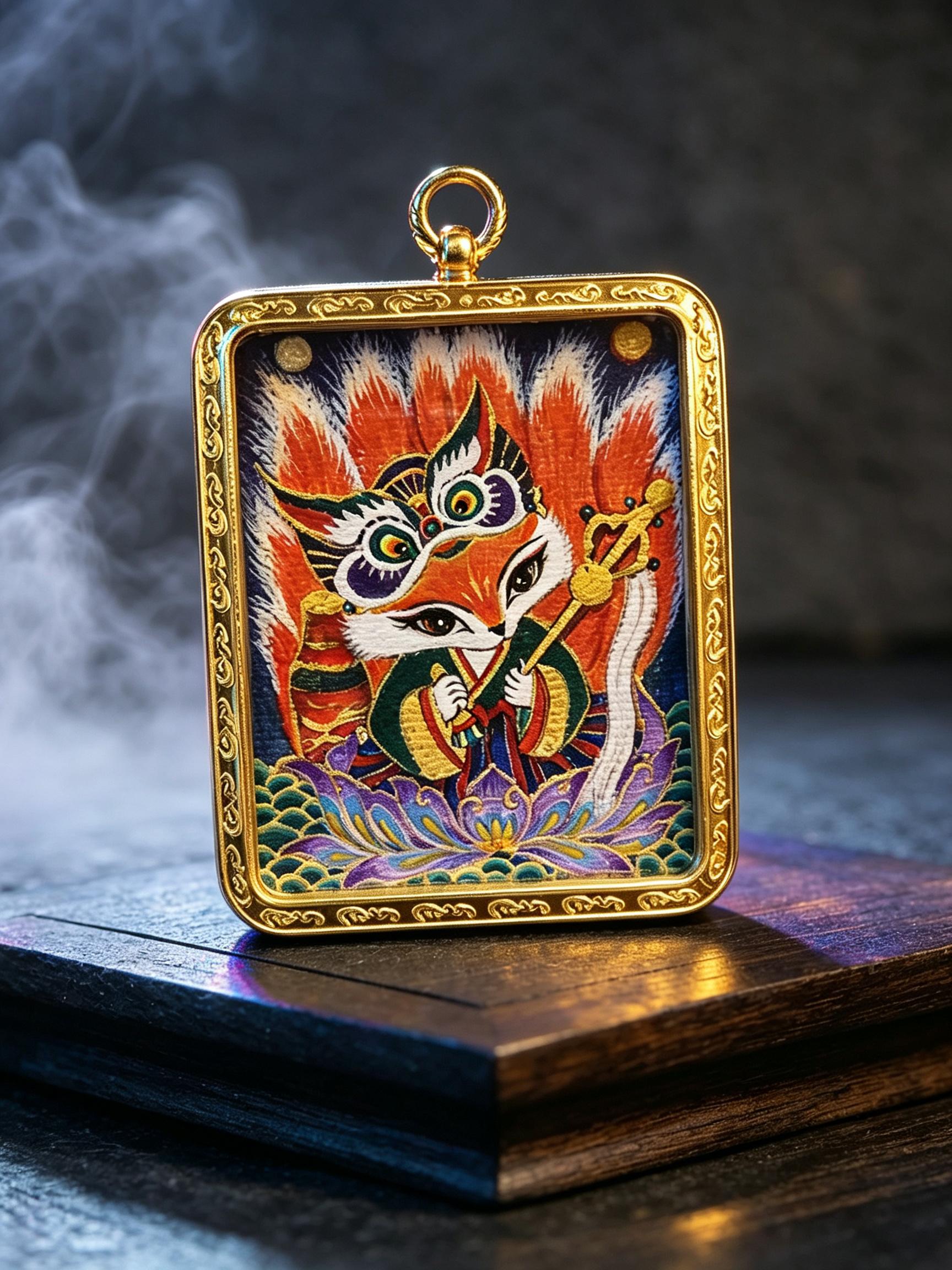Hand-painted 9-tailed Fox Fairy Thangka Gau Box Pendant, Tibetan Portable Mini Amulet Necklace for Fashion Costume Jewelry