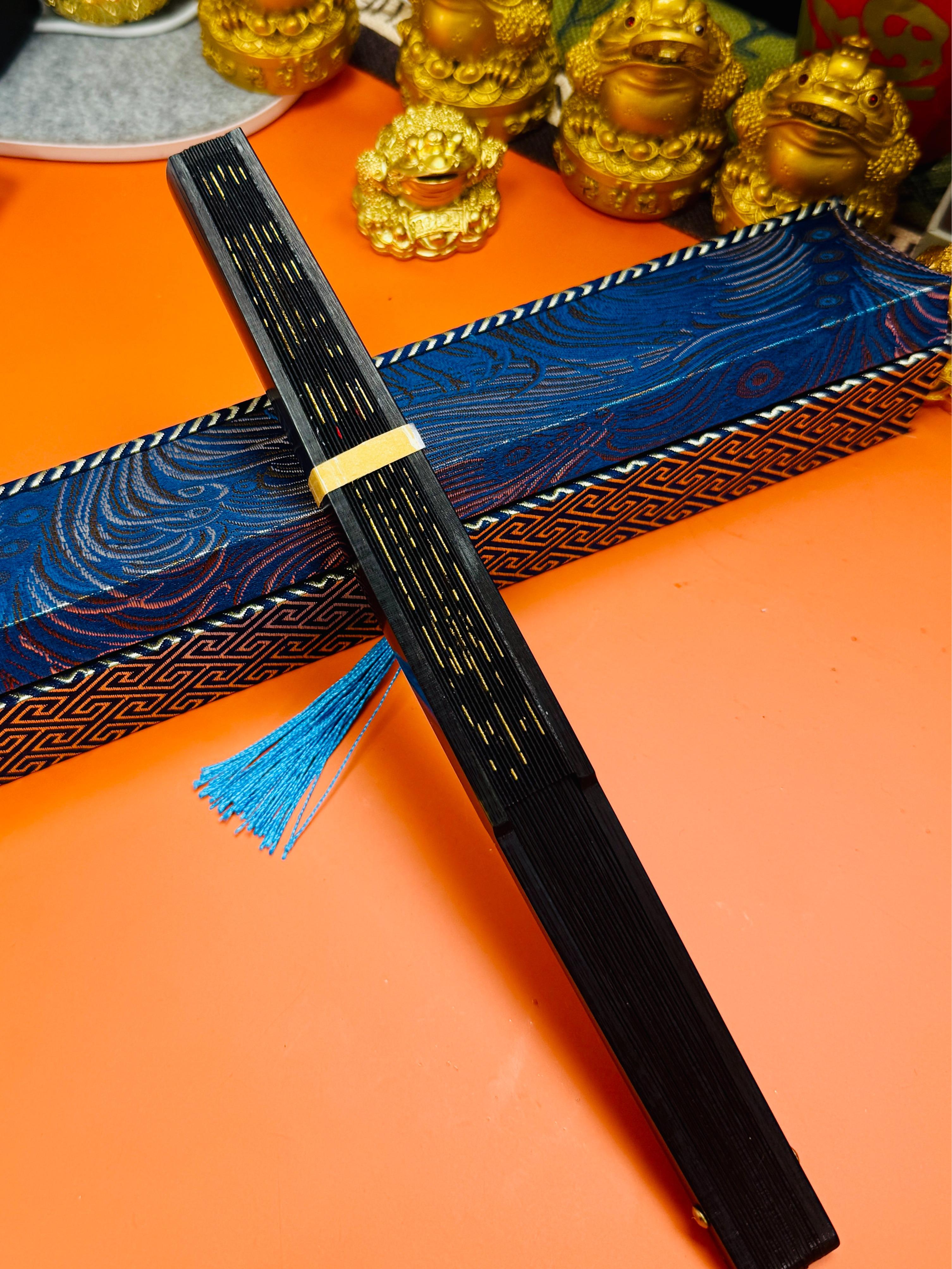 Hand-Painted Five Wealth Gods Ritual Fan with Brocade Box