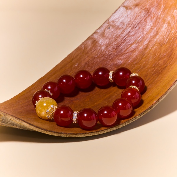 Red Agate and Yellow Resin Flower Bracelet