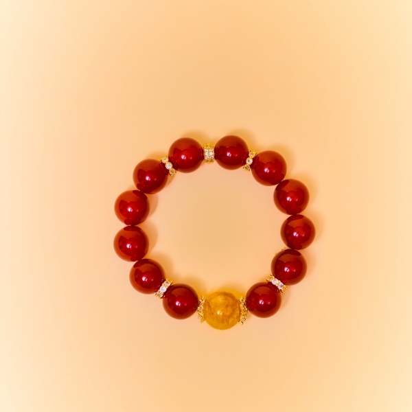 Red Agate and Yellow Resin Flower Bracelet