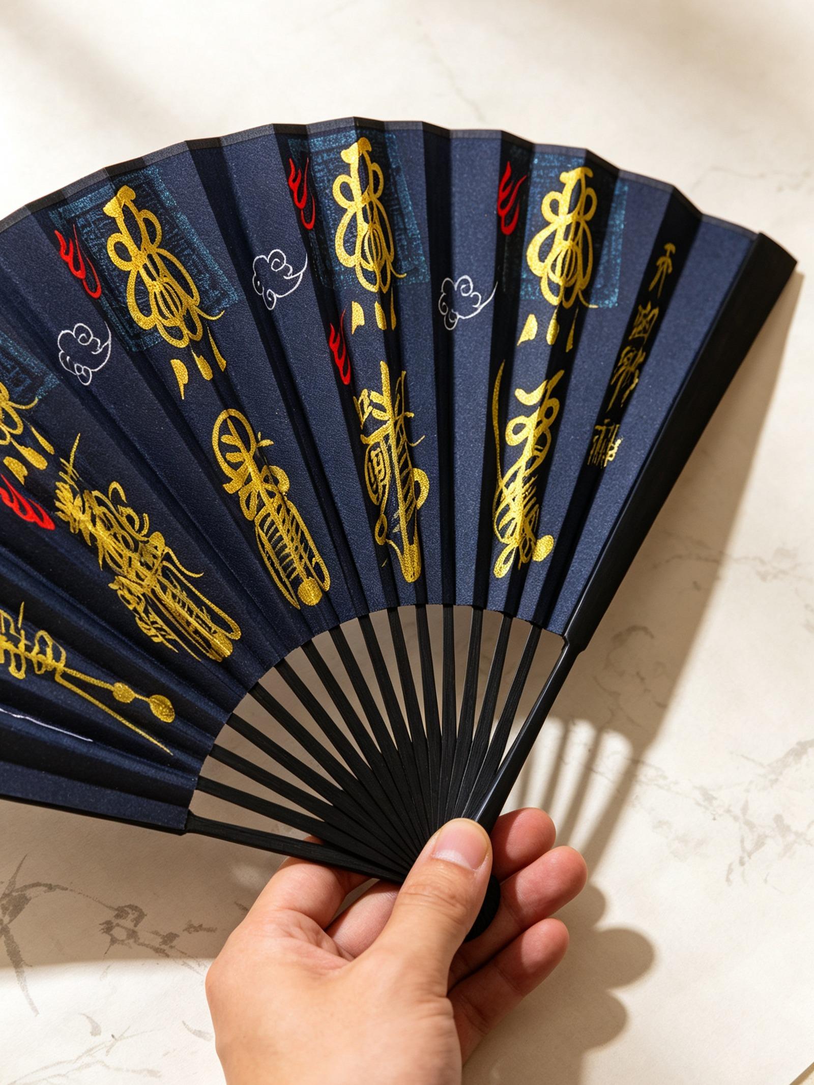 Hand-Painted Five Wealth Gods Ritual Fan with Brocade Box