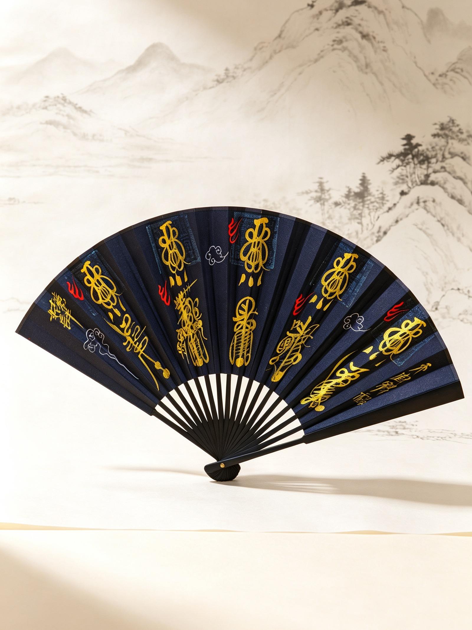 Hand-Painted Five Wealth Gods Ritual Fan with Brocade Box