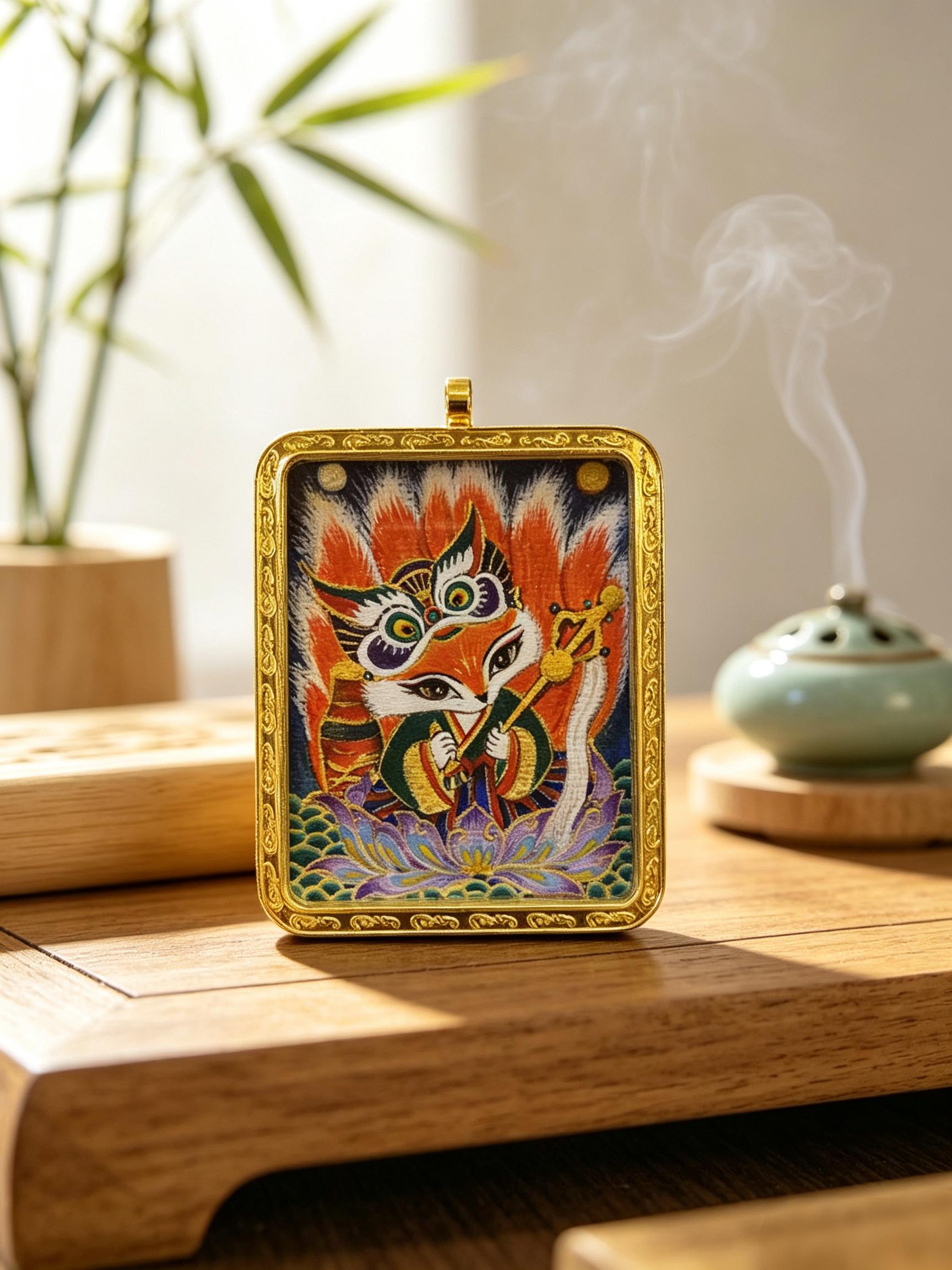 Hand-painted 9-tailed Fox Fairy Thangka Gau Box Pendant, Tibetan Portable Mini Amulet Necklace for Fashion Costume Jewelry