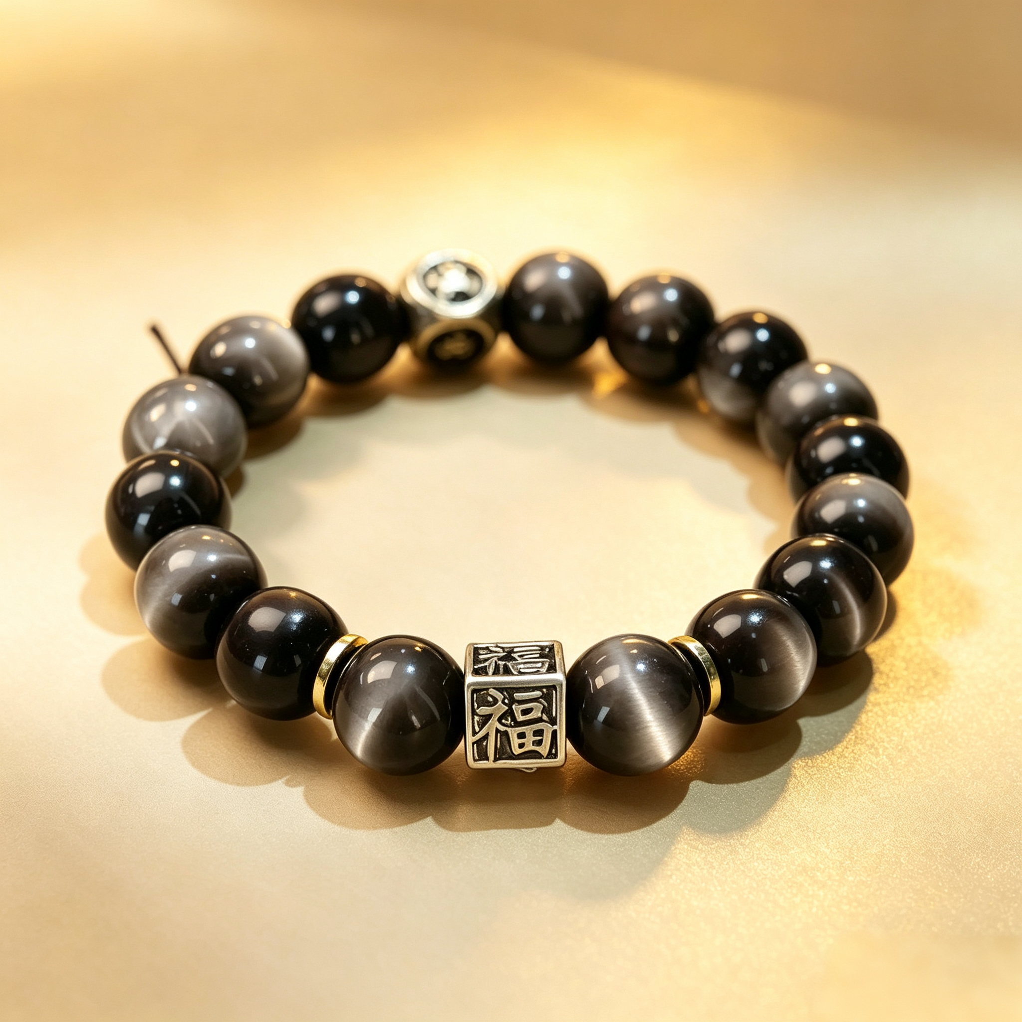 Silver Obsidian Crystals Beaded Bangle Bracelet Set