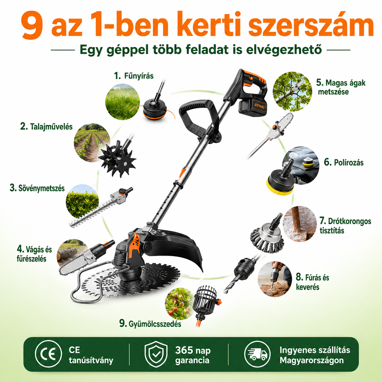 STIHL 15000W Akkumulátoros Kefe Nélküli Multifunkciós Fűkasza | 9 az 1-ben Kerti Szerszám