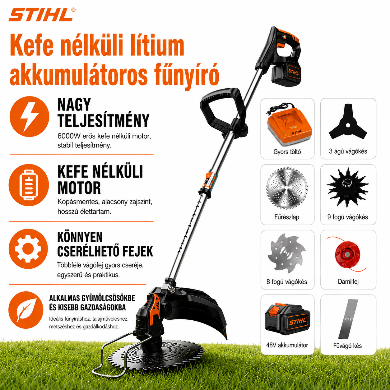 STIHL 15000W Akkumulátoros Kefe Nélküli Multifunkciós Fűkasza | 9 az 1-ben Kerti Szerszám