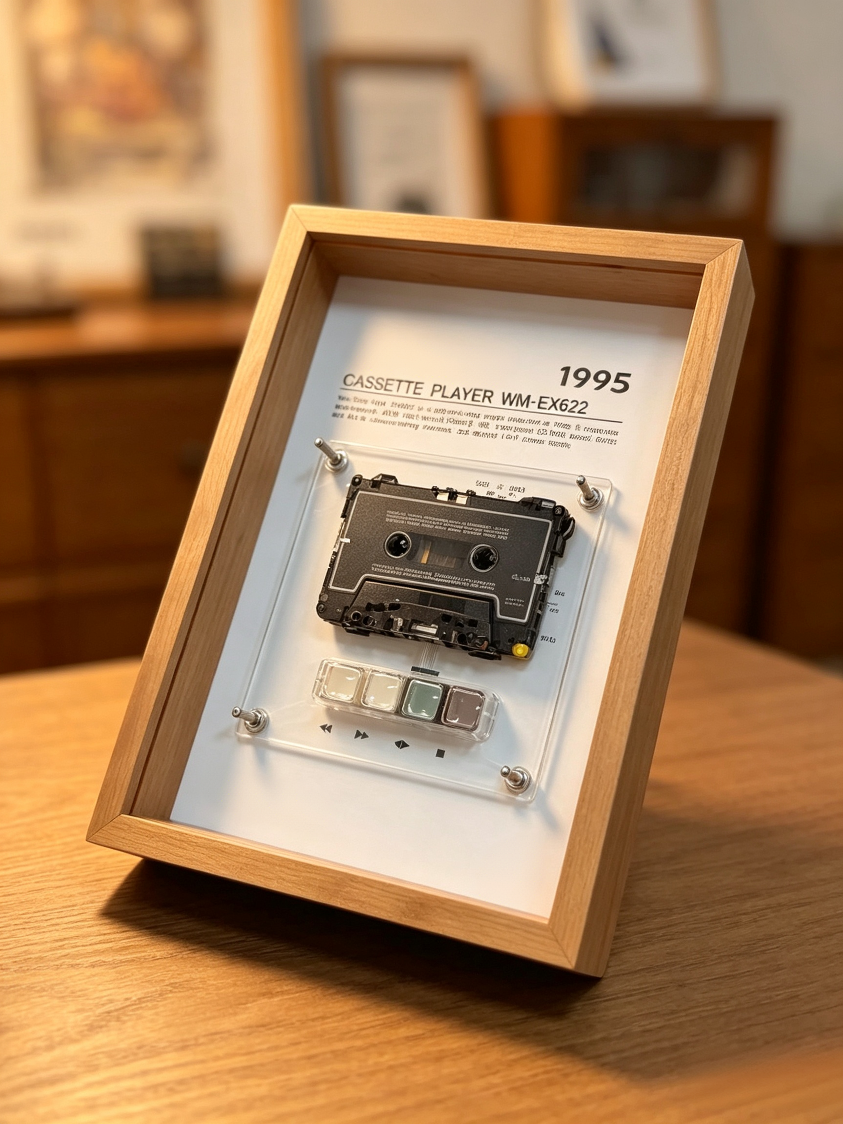 Vintage Cassette Player Frame with Functional Tape Playback & Retro Wall Art Design