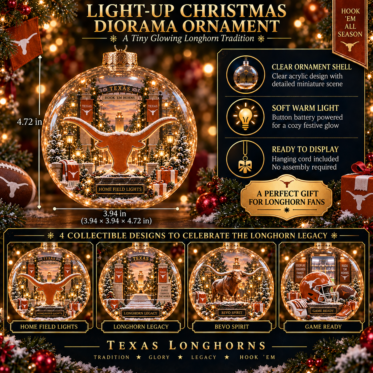🏈🎄 Hook ’Em – Light-Up College Football Heritage Christmas Ornament