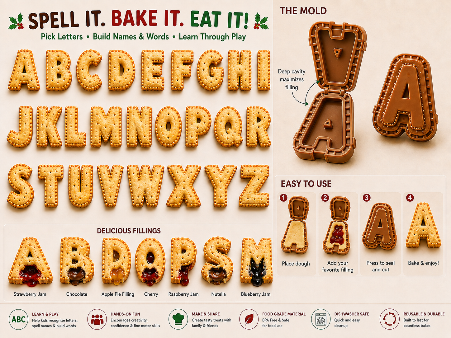 ⏳ Last Day 49% OFF –🎄A–Z Alphabet Mini Pie Mold Collection | 26 Reusable Letter Molds for Spelling Names, Learning Through Play & Making Filled Mini Pies🥧✨