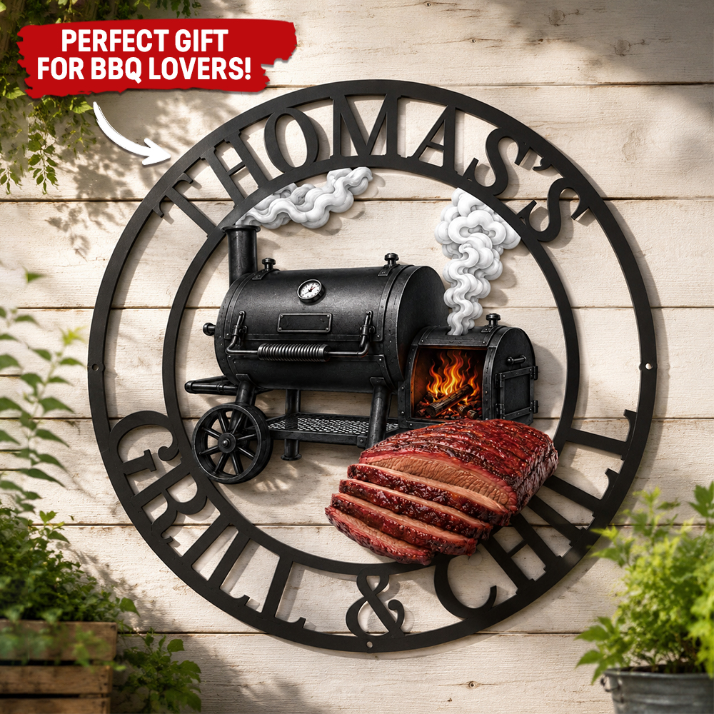Custom BBQ Shaped Metal Sign - Personalized Grilling Gifts For BBQ Lovers, Husband, Son, Grandson, Brother, Grandpa, Dad, Yourself - Smoke Fire Good Times