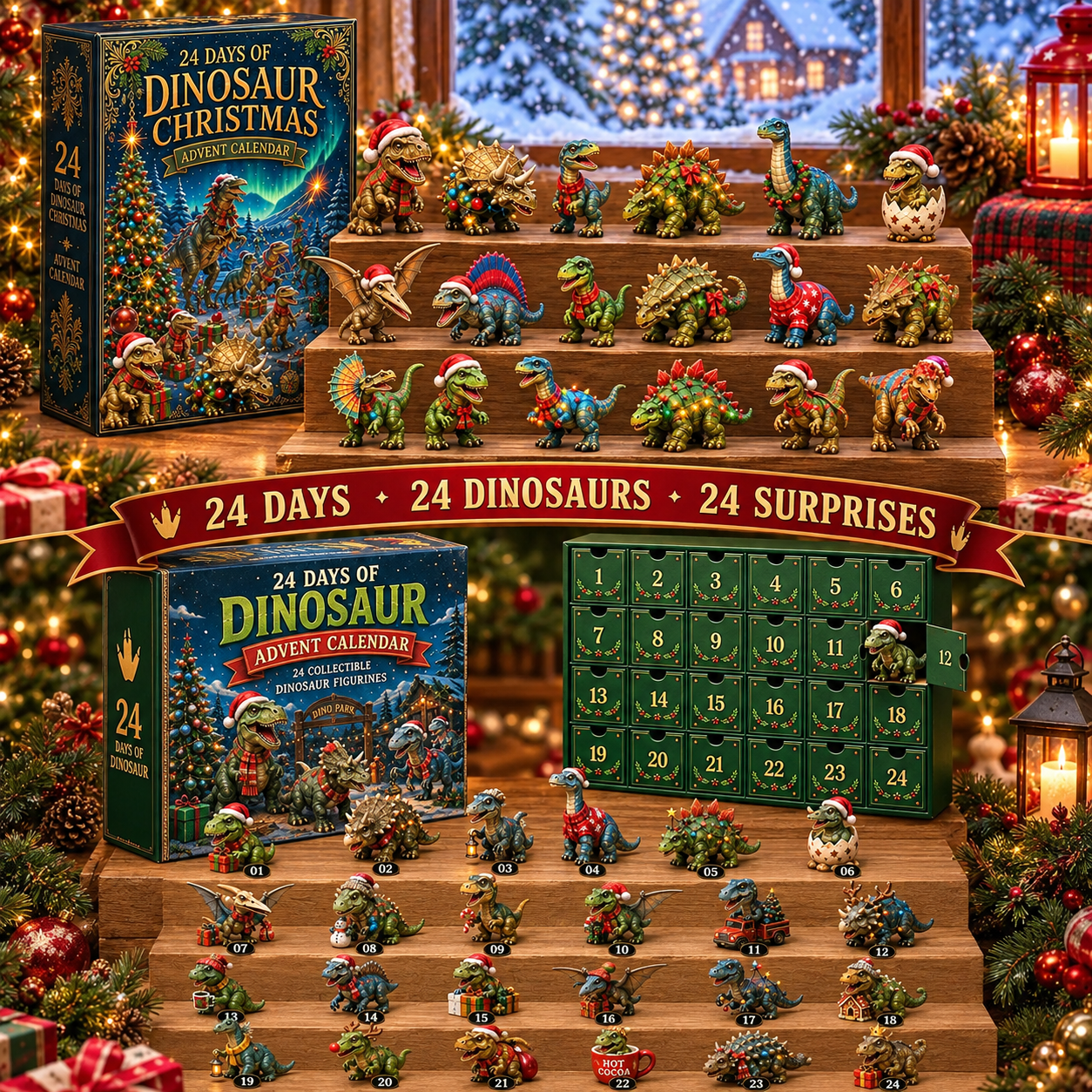 🦖24 Days of Dinosaur Christmas Advent Calendar – 24 Collectible Dino Figurines Holiday Surprises