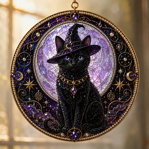 🌙 DIY Celestial Black Cat Window Hanging Kit | 3D Pearl Bead Suncatcher 🔮✨