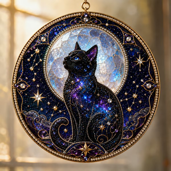 🌙 DIY Celestial Black Cat Window Hanging Kit | 3D Pearl Bead Suncatcher 🔮✨