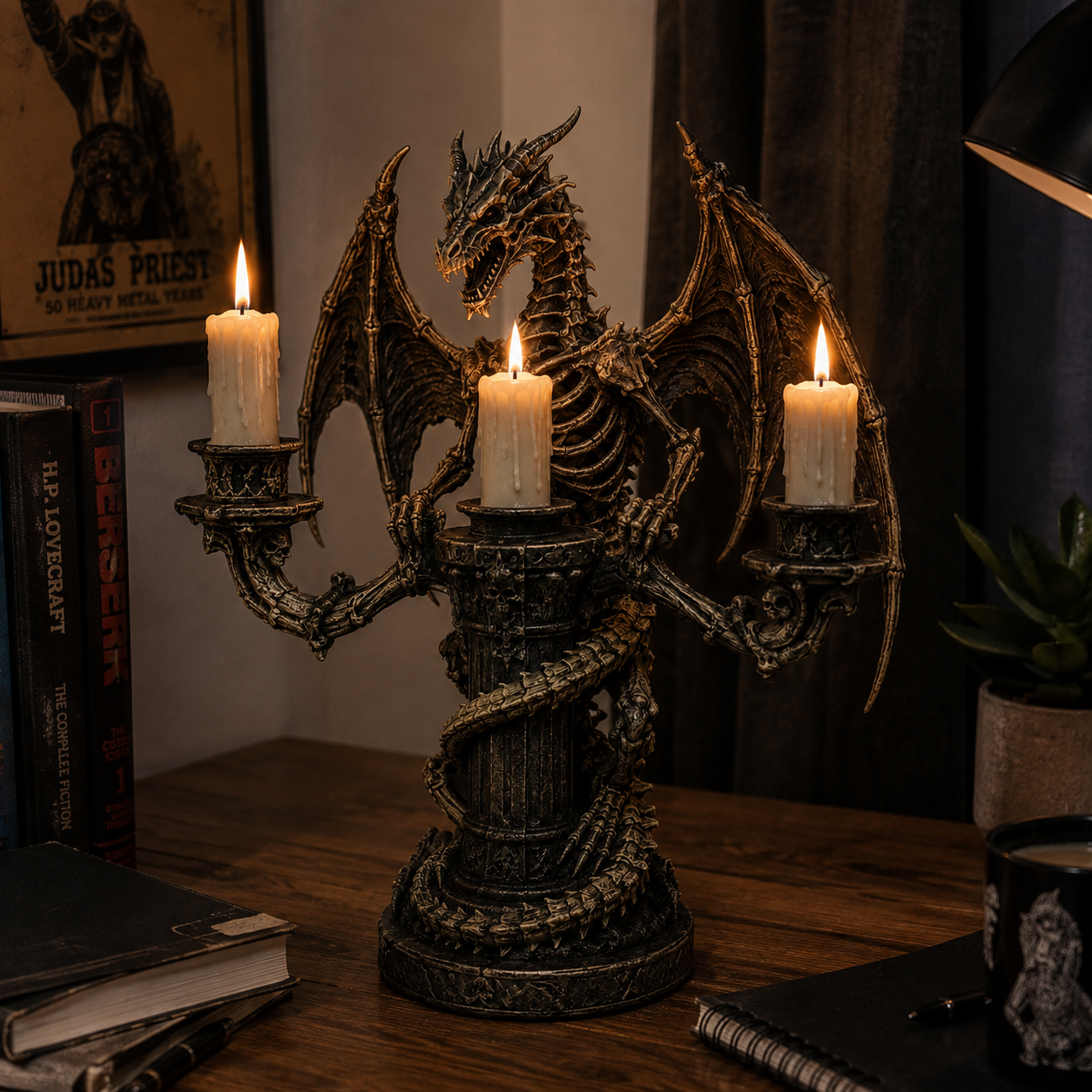 Gothic Dragon Skeleton Candle Holder, 3-Arm Medieval Dragon Candelabra, Dark Fantasy Tabletop Decor for Halloween, Gothic Home, Study Room & Gifts
