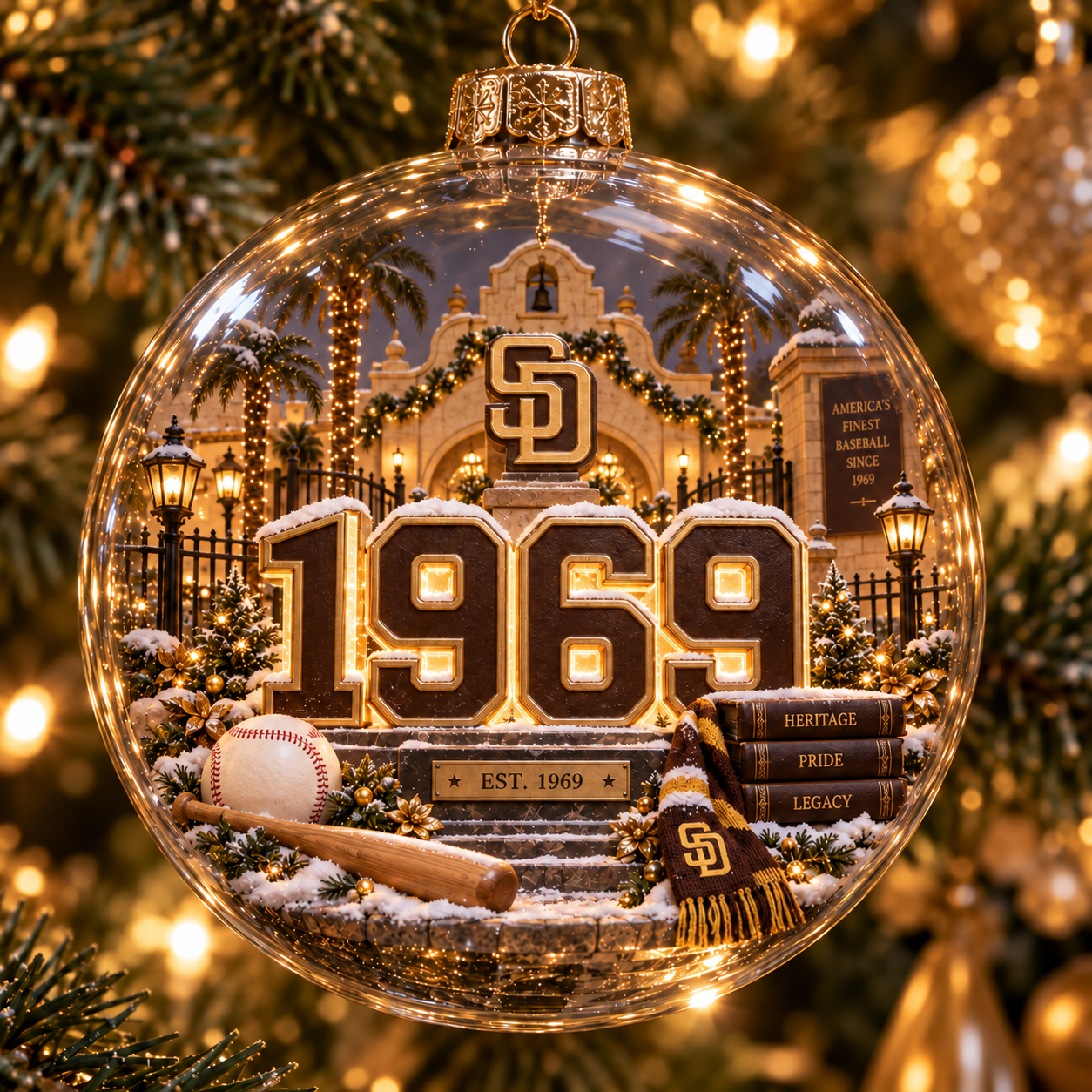 ⚾🎄 Faith. Family. Baseball. – Light-Up Baseball Heritage Christmas Ornament
