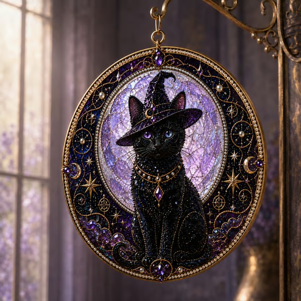 🌙 DIY Celestial Black Cat Window Hanging Kit | 3D Pearl Bead Suncatcher 🔮✨