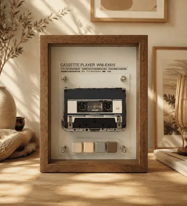 Vintage Cassette Player Frame with Functional Tape Playback & Retro Wall Art Design