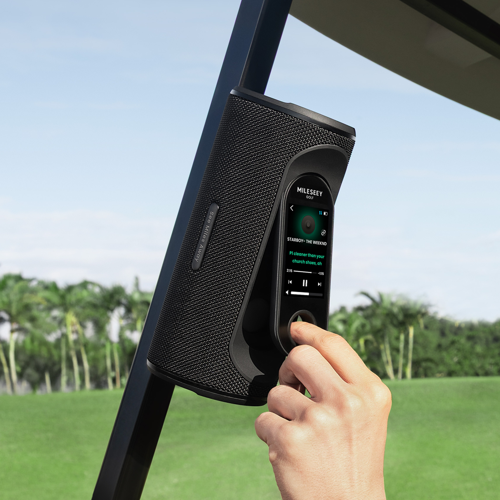 MILESEEY GeneSonic Pro Detachable GPS Speaker Magnetically Mounted on a Golf Cart