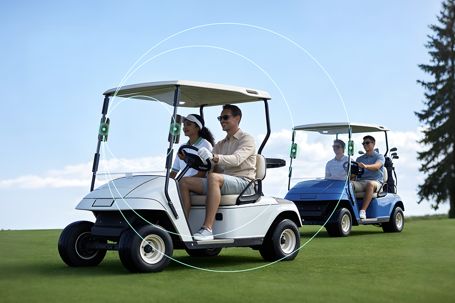 Golfers Playing Music Through the GeneSonic Pro Speaker While Driving a Golf Cart