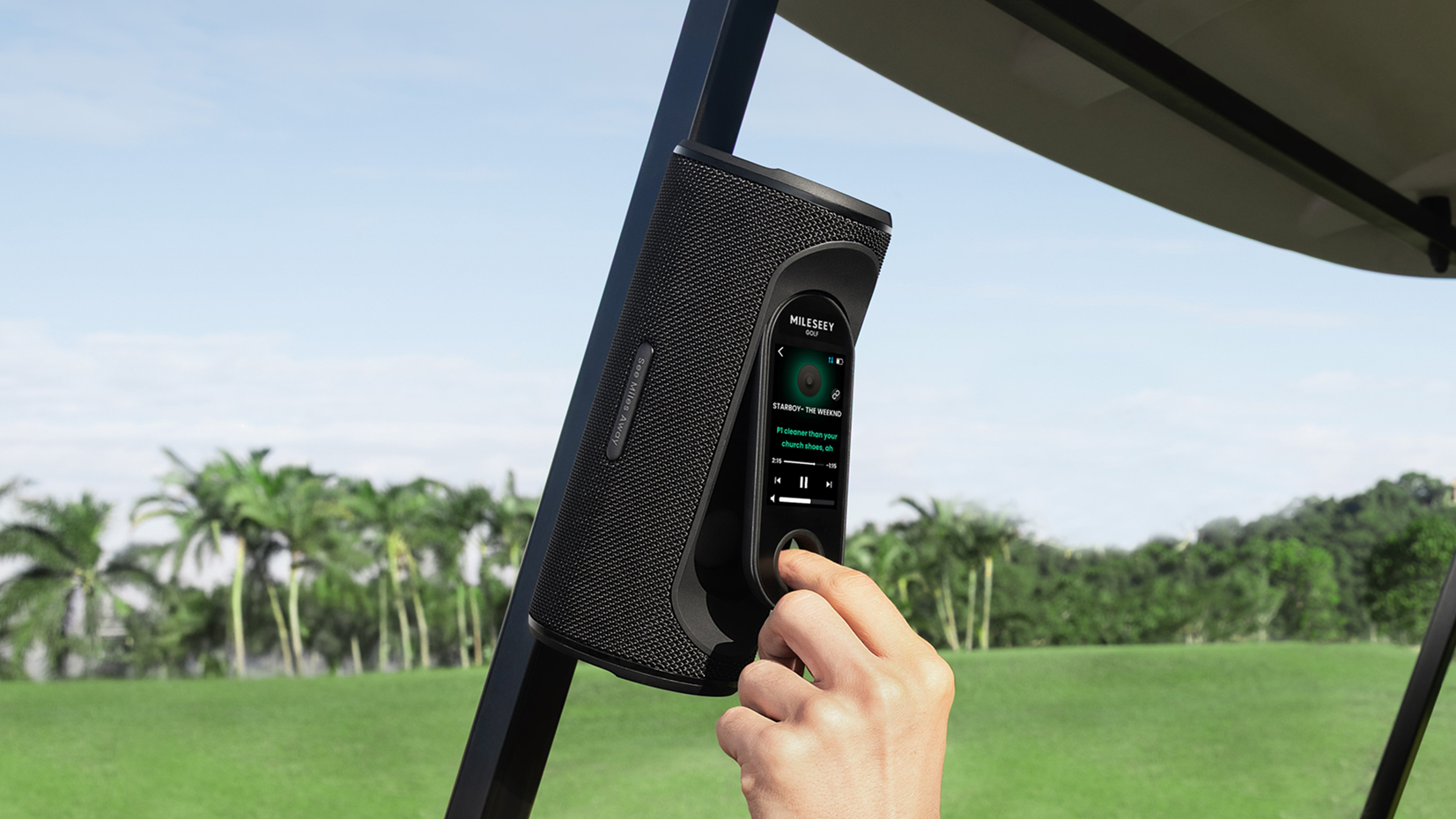 A Mileseey Golf GeneSonic Pro Detachable GPS Speaker Magnetically Mounted on A Ggolf Cart