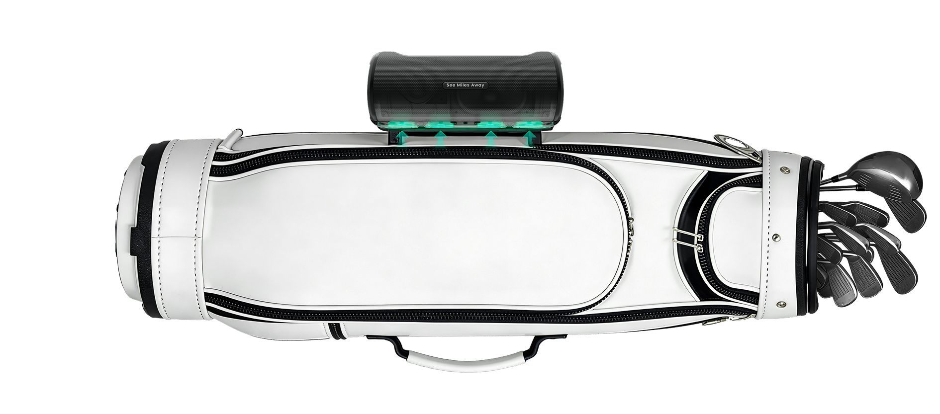 A GeneSonic Pro GPS Speaker Magnetically Mounted on a Golf Bag