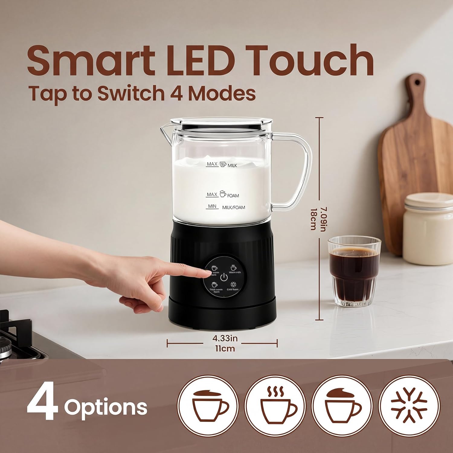 Trilamdyno Glass Jug - Electric Milk Frother and Steamer, LED Touch Screen, Black