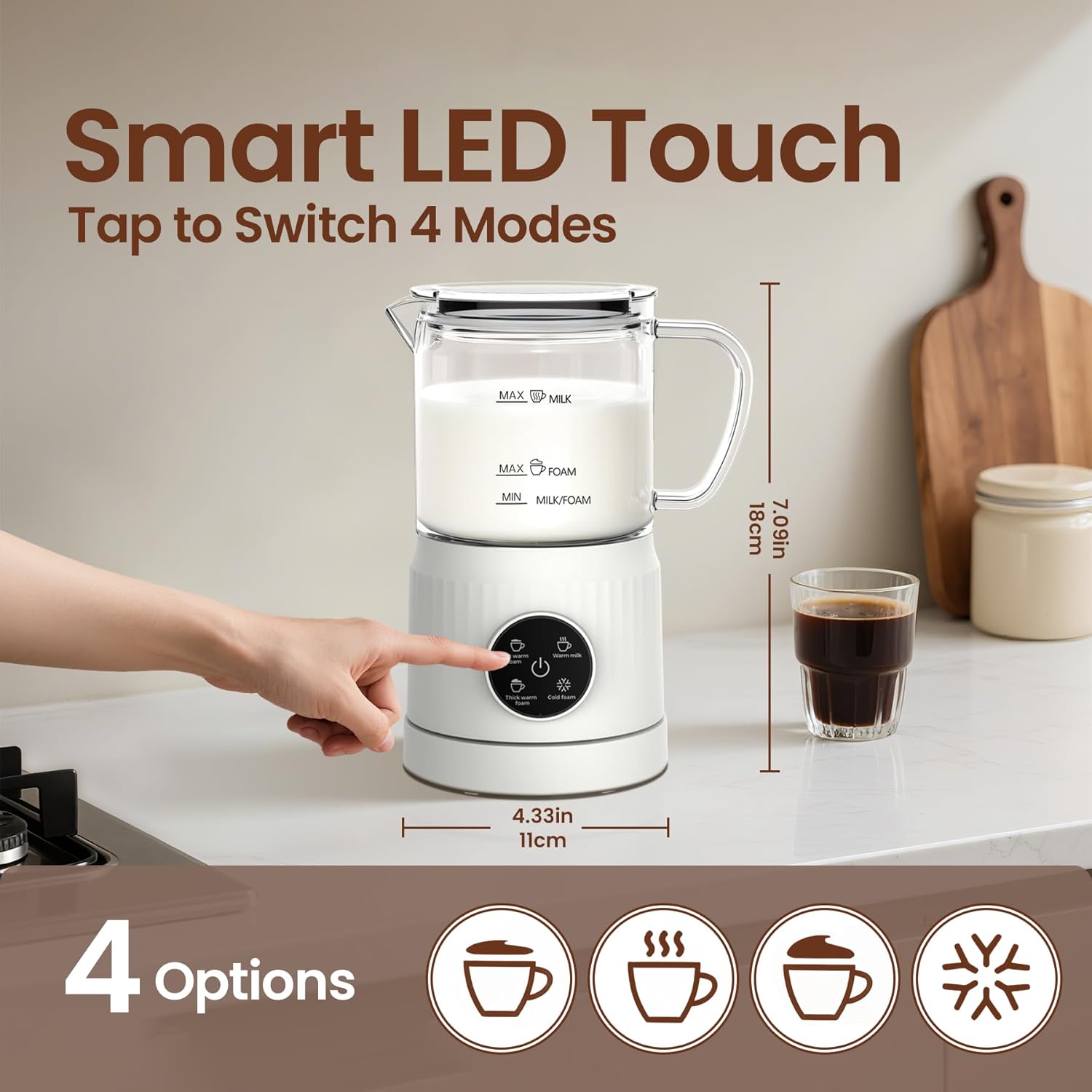 Trilamdyno Glass Jug - Electric Milk Frother and Steamer, LED Touch Screen, White